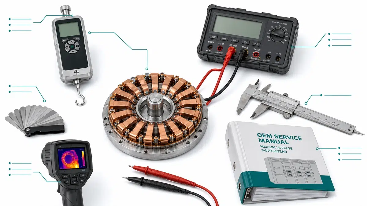Vector diagram of the tools used for tulip contact spring force verification including pull gauge, micro-ohm meter, calipers, feeler gauges, and thermal camera