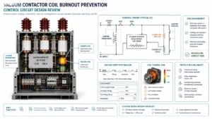 Technical illustration of a vacuum contactor control circuit showing coil burnout prevention checks for voltage, heat, and relay protection