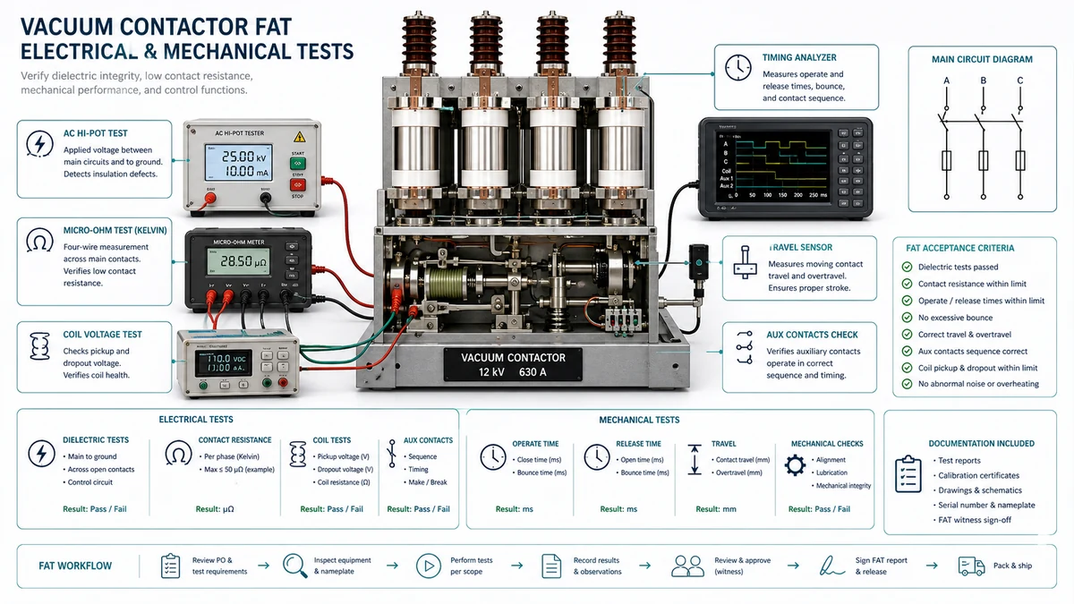 Factory test illustration showing hi-pot testing, contact resistance measurement, timing analysis, and contact gap inspection on a vacuum contactor