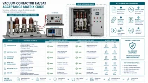 Technical illustration of a medium-voltage vacuum contactor FAT and SAT acceptance matrix with test checkpoints and inspection callouts