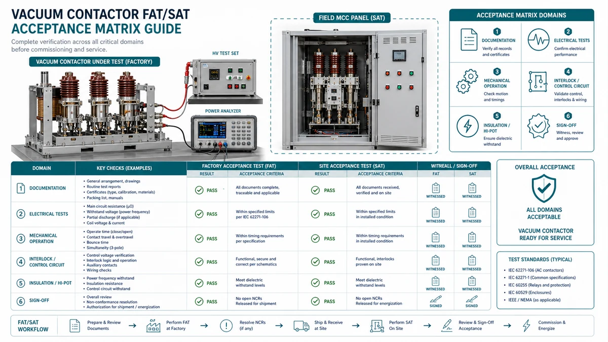 Technical illustration of a medium-voltage vacuum contactor FAT and SAT acceptance matrix with test checkpoints and inspection callouts