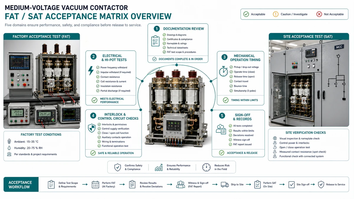 Overview diagram of a vacuum contactor FAT and SAT acceptance matrix with documentation, electrical, mechanical, vacuum, and sign-off stages