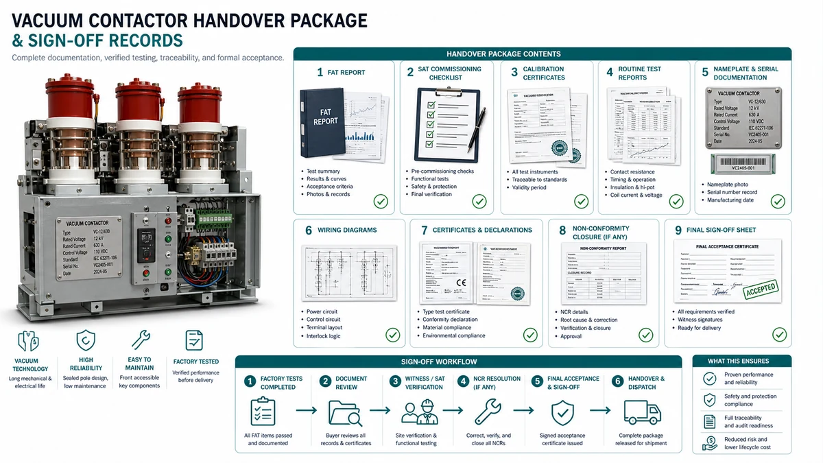 Handover documentation diagram for vacuum contactor FAT SAT sign-off including reports, calibration records, as-built drawings, and warranty activation