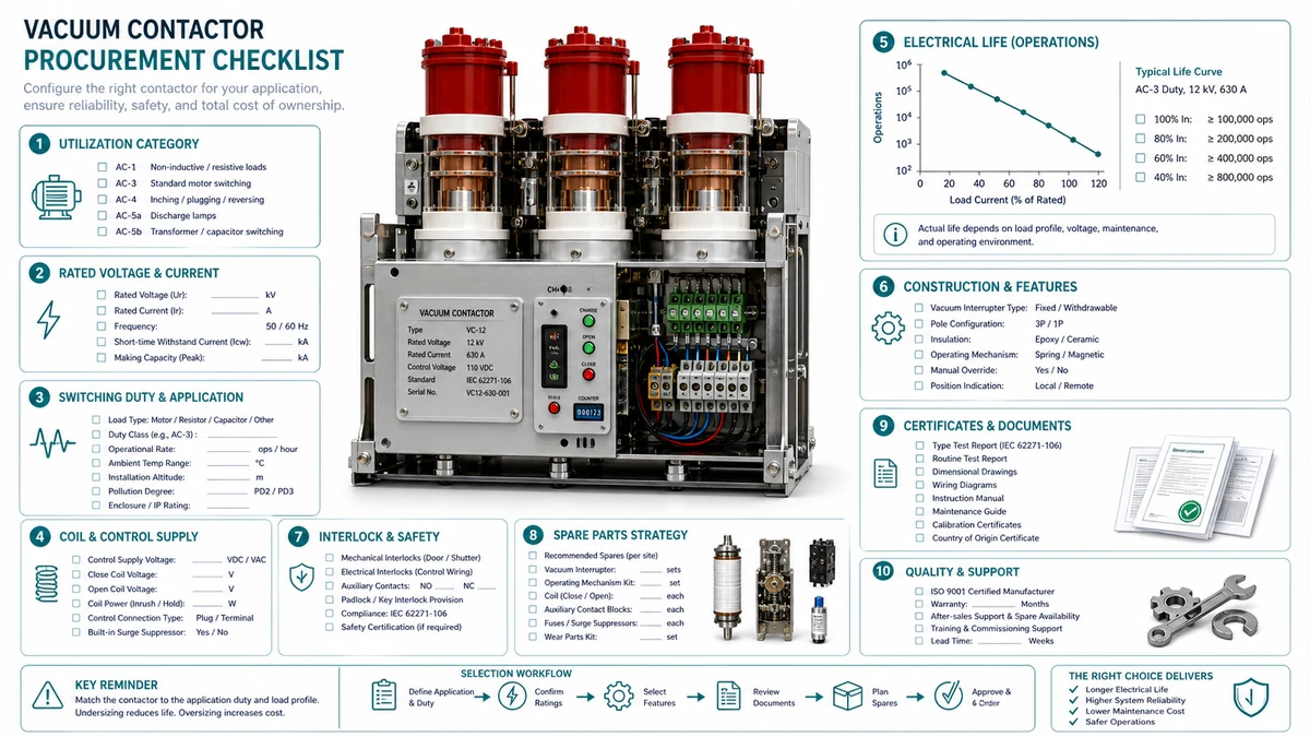Technical illustration of a vacuum contactor procurement checklist with labeled duty category, coil voltage, electrical life, and spare parts review points