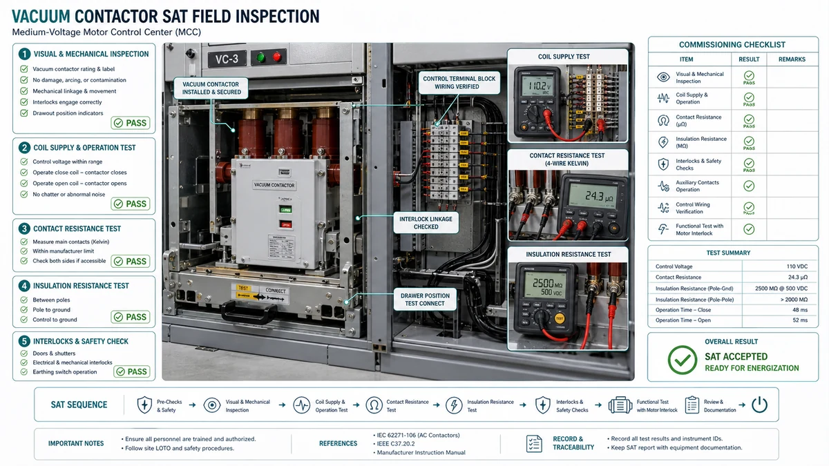 Site acceptance inspection scene with vacuum contactor in MCC, technician checks coil voltage, thermal scan, and cable terminations