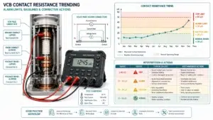 Technician reviewing vacuum circuit breaker contact resistance trend and alarm limit data