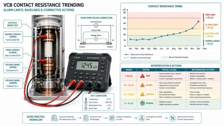 Technician reviewing vacuum circuit breaker contact resistance trend and alarm limit data