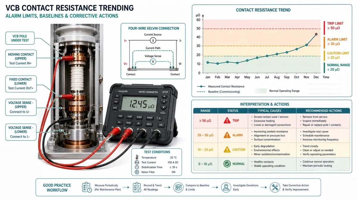 Technician reviewing vacuum circuit breaker contact resistance trend and alarm limit data