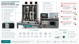 Technical illustration of a vacuum circuit breaker FAT inspection with test callouts for contact resistance, timing, and NCR review