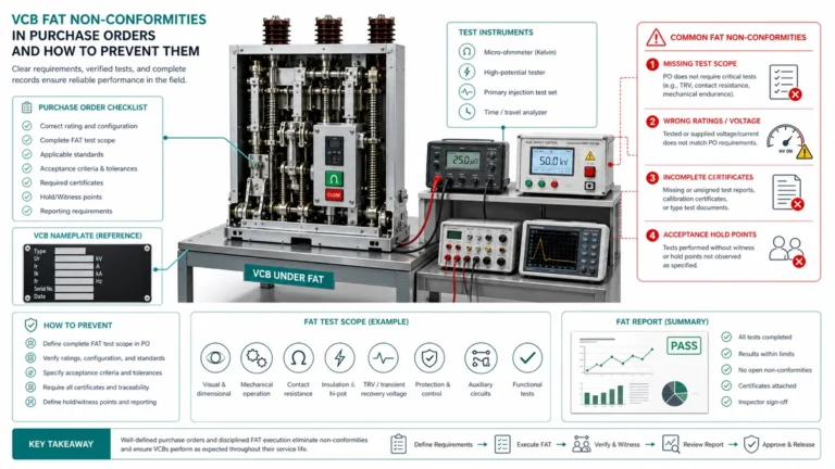 Technical illustration of a vacuum circuit breaker FAT inspection with test callouts for contact resistance, timing, and NCR review