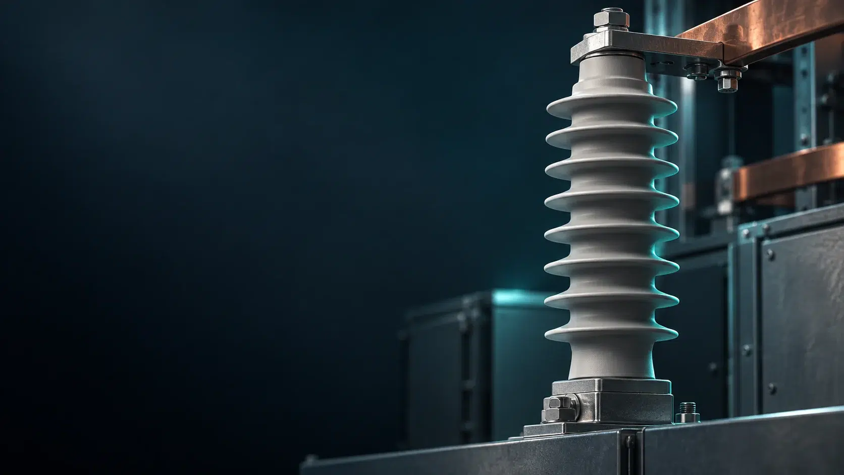 Conceptual illustration of a ribbed insulator supporting a conductor in medium-voltage equipment